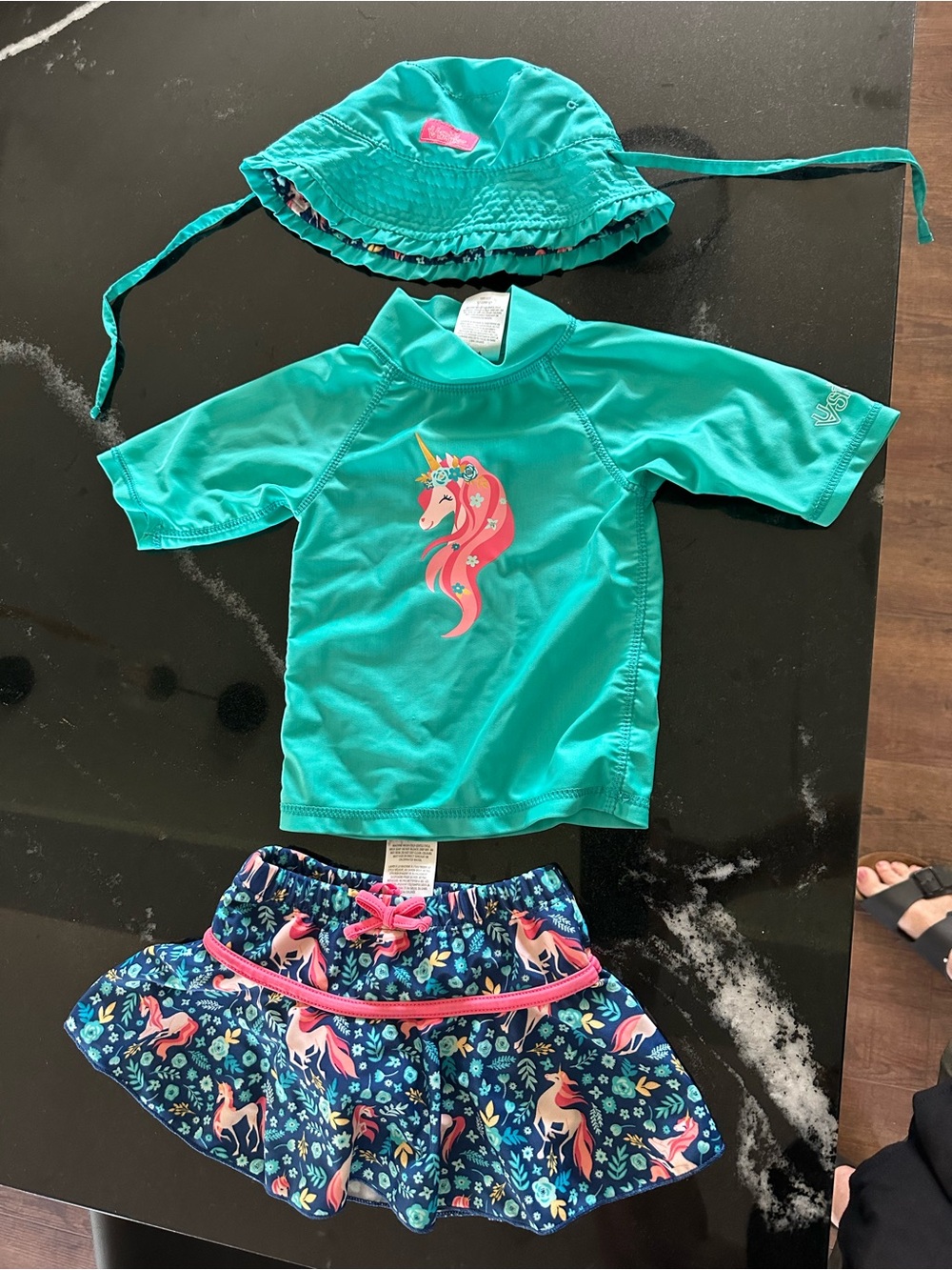 TWO bathing suits!!!  Kids Teal Unicorn Rash Guard Set with Skirt & Hat - Brand: